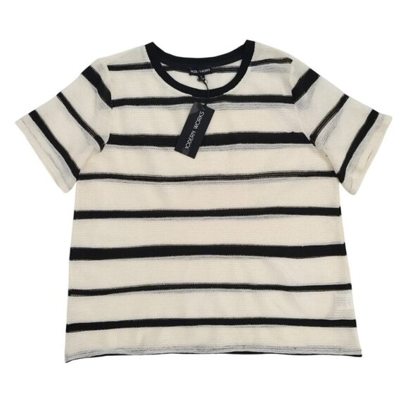 Modern Works Womens Striped Knit Short Sleeve Top Black & Cream Size L. NWT - Picture 1 of 8